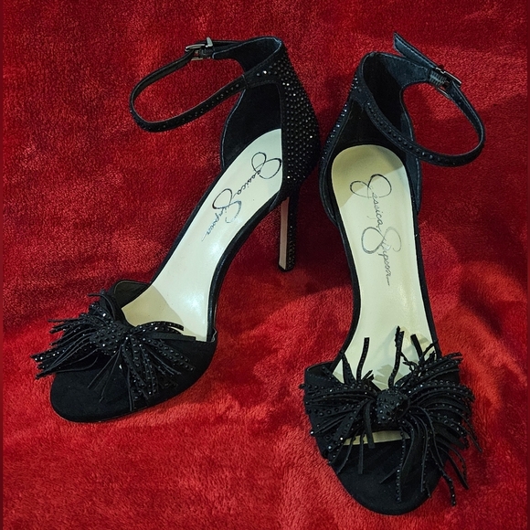 Jessica Simpson Black Jillari Heels with   Ankle Straps Fringed Bow - Size 9 - Picture 3 of 8